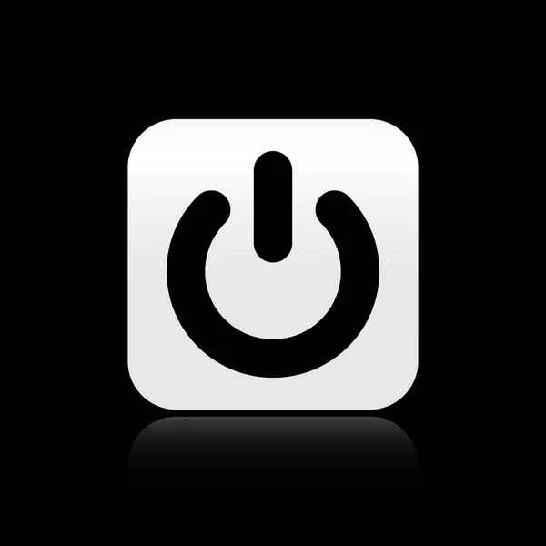 Schwarzes Power-Taste-Symbol isoliert auf schwarzem Hintergrund. Startschild. Silberner quadratischer Knopf. Vektorillustration — Stockvektor