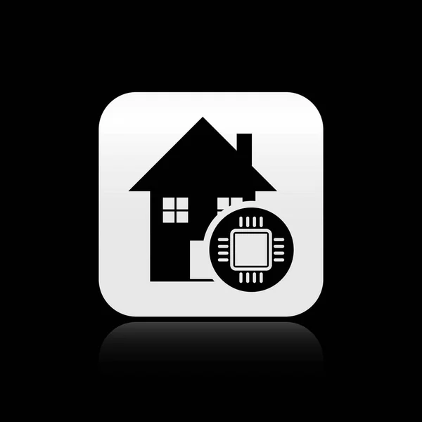 Icono de hogar inteligente negro aislado sobre fondo negro. Control remoto. Botón cuadrado plateado. Ilustración vectorial — Archivo Imágenes Vectoriales