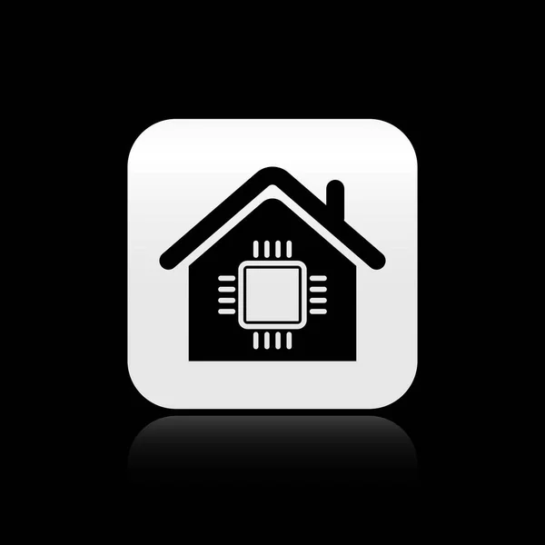 Schwarzes Smart Home Symbol isoliert auf schwarzem Hintergrund. Fernbedienung. Silberner quadratischer Knopf. Vektorillustration — Stockvektor