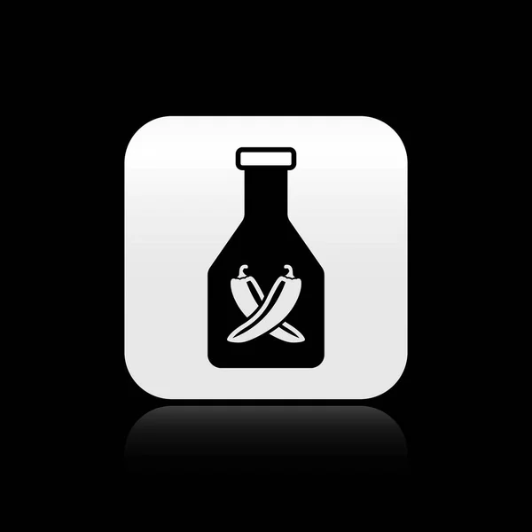 Černá kečup ikona láhve izolovaná na černém pozadí. Horký chilli papričový znak. Symbol grilu barbecue a BBQ. Stříbrné čtvercové tlačítko. Vektorová ilustrace — Stockový vektor