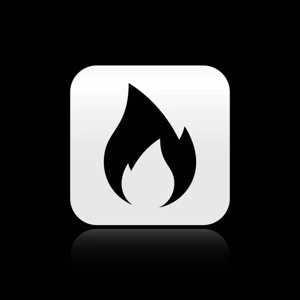 Black Fire flame icon isolated on black background. Heat symbol. Silver square button. Vector Illustration — Stock Vector