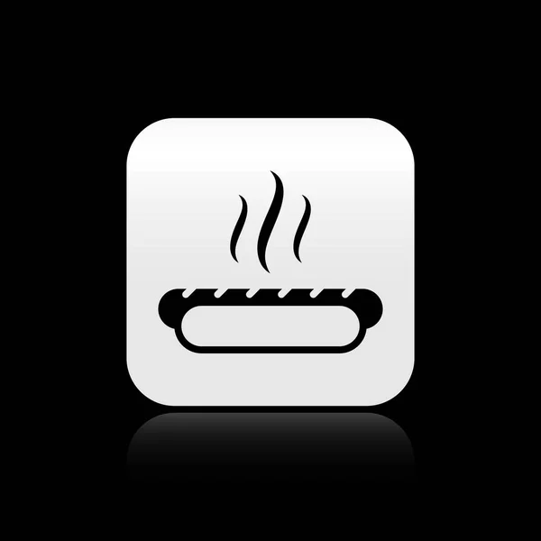 Sandwich Hotdog negro con icono de mostaza aislado sobre fondo negro. Icono de salchicha. Signo de comida rápida. Botón cuadrado plateado. Ilustración vectorial — Archivo Imágenes Vectoriales