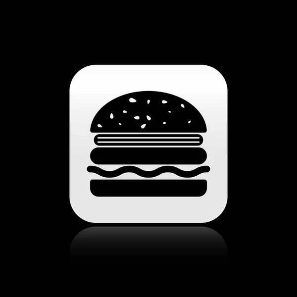 Ikon Burger hitam diisolasi pada latar belakang hitam. Ikon hamburger. Cheeseburger sandwich sign. Tombol persegi perak. Ilustrasi Vektor - Stok Vektor
