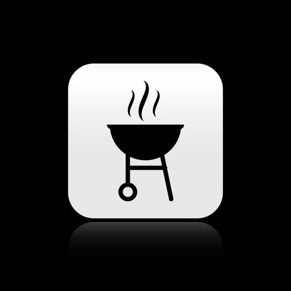 Icono de parrilla Black Barbecue aislado sobre fondo negro. Fiesta a la parrilla. Botón cuadrado plateado. Ilustración vectorial — Vector de stock