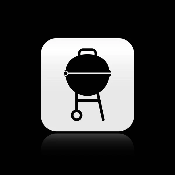 Barbecue icône grill noir isolé sur fond noir. Barbecue grill party. Bouton carré argenté. Illustration vectorielle — Image vectorielle