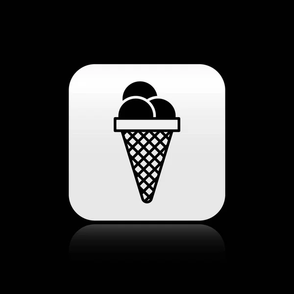 Černá Zmrzlina ve ikoně Vaflové kužele izolovaná na černém pozadí. Sladký symbol. Stříbrné čtvercové tlačítko. Vektorová ilustrace — Stockový vektor