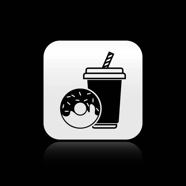 Black Soda drink with drinking straw and donut icon isolated on black background. Fast food symbol. Silver square button. Vector Illustration — Stock Vector