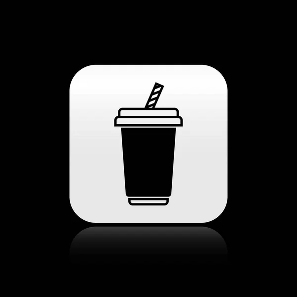 Cristal negro con icono de agua aislado sobre fondo negro. Un vaso de refresco con paja para beber. Símbolo de bebida fría fresca. Botón cuadrado plateado. Ilustración vectorial — Vector de stock
