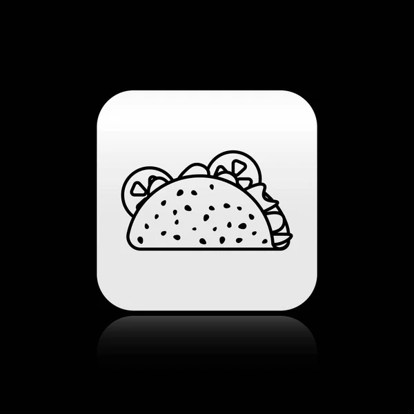 Taco noir avec icône tortilla isolée sur fond noir. Restauration rapide mexicaine traditionnelle. Bouton carré argenté. Illustration vectorielle — Image vectorielle