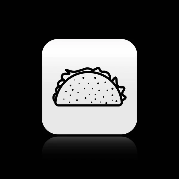 Taco noir avec icône tortilla isolée sur fond noir. Restauration rapide mexicaine traditionnelle. Bouton carré argenté. Illustration vectorielle — Image vectorielle