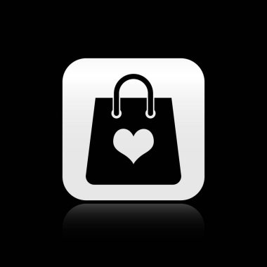 Siyah arka plan üzerinde izole kalp simgesi ile Siyah Alışveriş çantası. Alışveriş çantası dükkanı kalp simgesi gibi seviyorum. Sevgililer günü sembolü. Gümüş kare düğme. Vektör İllüstrasyonu