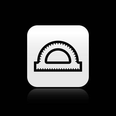 Siyah arka planda izole edilmiş derece simgesini ölçmek için siyah Protractor ızgarası. Eğim açısı ölçer. Ölçüm aleti. Geometrik sembol. Gümüş kare düğme. Vektör İllüstrasyonu
