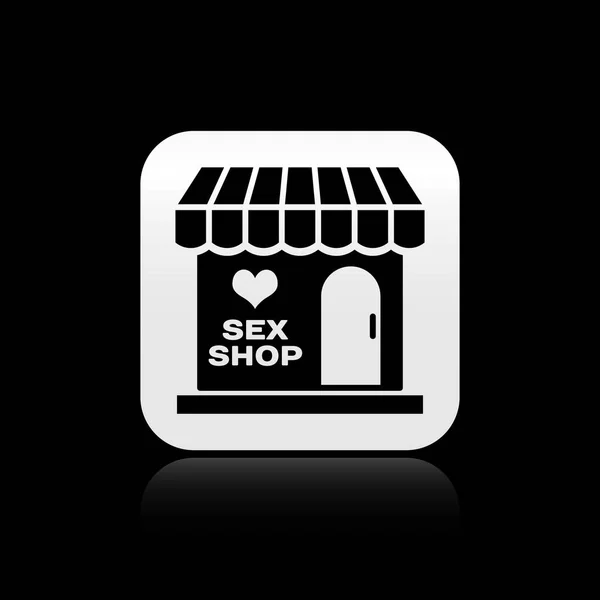 Black Sex shop building with striped awning icon isolated on black background. Sex shop, online sex store, adult erotic products concept. Silver square button. Vector Illustration — Stock Vector