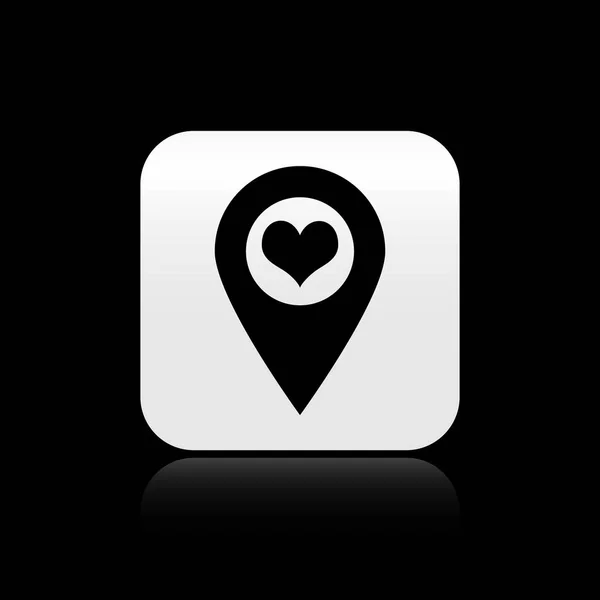 Pointeur de carte noir avec icône de coeur isolé sur fond noir. Bouton carré argenté. Illustration vectorielle — Image vectorielle