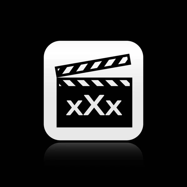 Siyah film clapper yazıt Xxx simgesi siyah arka plan üzerinde izole ile. Yaş kısıtlamasembolü. 18 artı içerik işareti. Yetişkin kanalı. Gümüş kare düğme. Vektör İllüstrasyonu — Stok Vektör