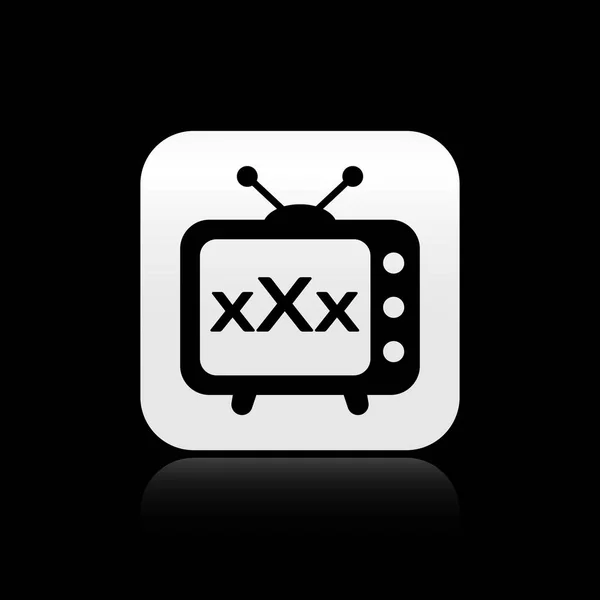 Černý XXX TV stará televizní ikona izolovaná na černém pozadí. Symbol omezení stáří. 18 a znaménko obsahu. Kanál pro dospělé. Stříbrné čtvercové tlačítko. Vektorová ilustrace — Stockový vektor