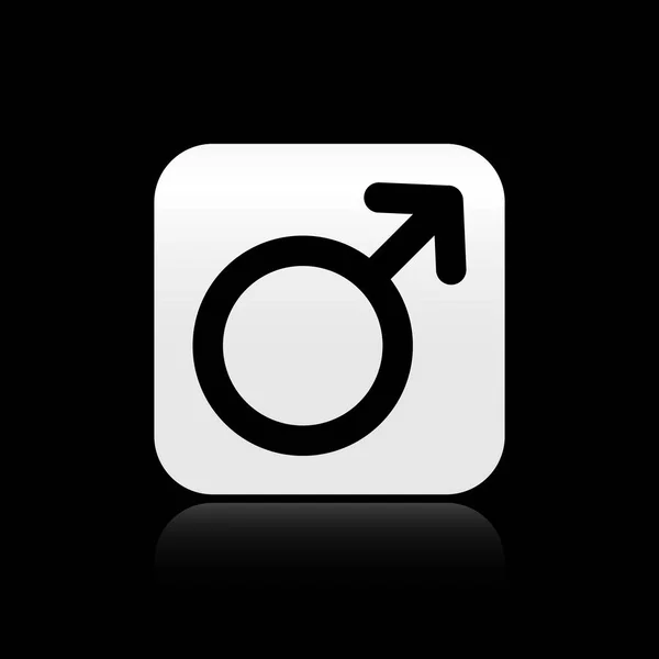 Schwarzes männliches Gender-Symbol auf schwarzem Hintergrund. Silberner quadratischer Knopf. Vektorillustration — Stockvektor
