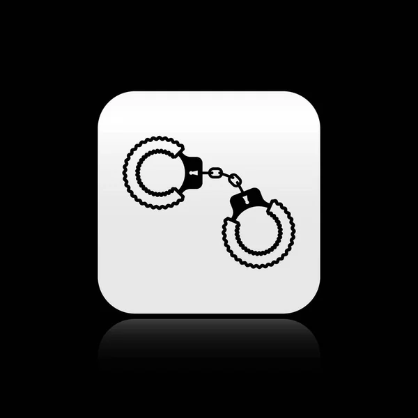 Black Sexy fluffy handcuffs icon isolated on black background. Handcuffs with fur. Fetish accessory. Sex shop stuff for sadist and masochist. Silver square button. Vector Illustration — Stock Vector