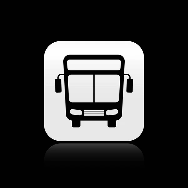 Zwarte bus pictogram geïsoleerd op zwarte achtergrond. Transport concept. Bus tour transport teken. Toerisme of openbaar voertuig symbool. Zilveren vierkante knop. Vector illustratie — Stockvector