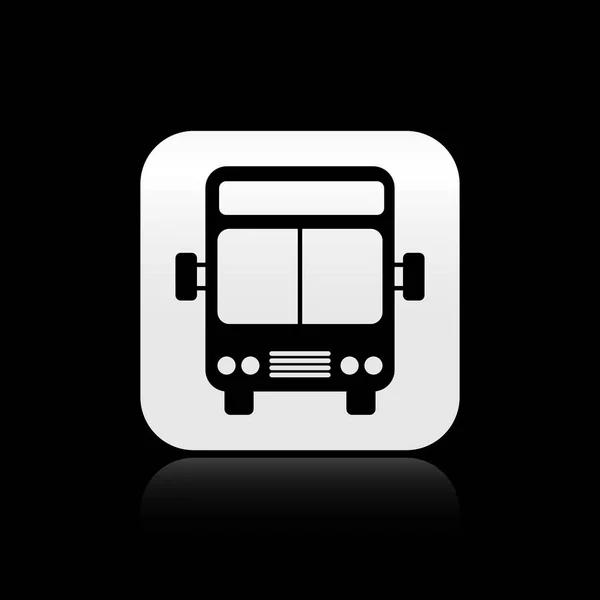 黒いバスのアイコンは、黒の背景に分離されています。輸送の概念。バスツアー輸送標識。観光または公共車両のシンボル。シルバーの正方形のボタン。ベクトルイラストレーション — ストックベクタ