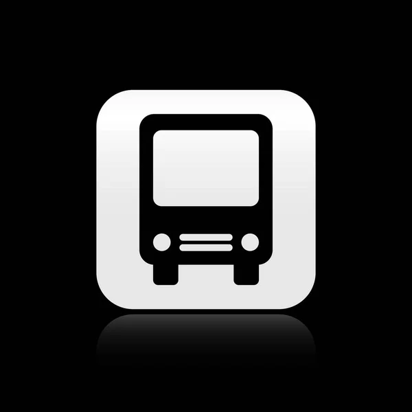 Icono Black Bus aislado sobre fondo negro. Concepto de transporte. Autobús señal de transporte turístico. Símbolo turístico o de vehículo público. Botón cuadrado plateado. Ilustración vectorial — Vector de stock