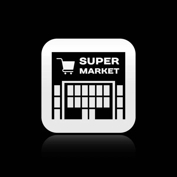 검은 색 배경에 고립 된 쇼핑 카트 아이콘이있는 검은 슈퍼마켓 건물. 쇼핑 또는 상점. 쇼핑몰 건물입니다. 실버 스퀘어 버튼. 벡터 일러스트레이션 — 스톡 벡터