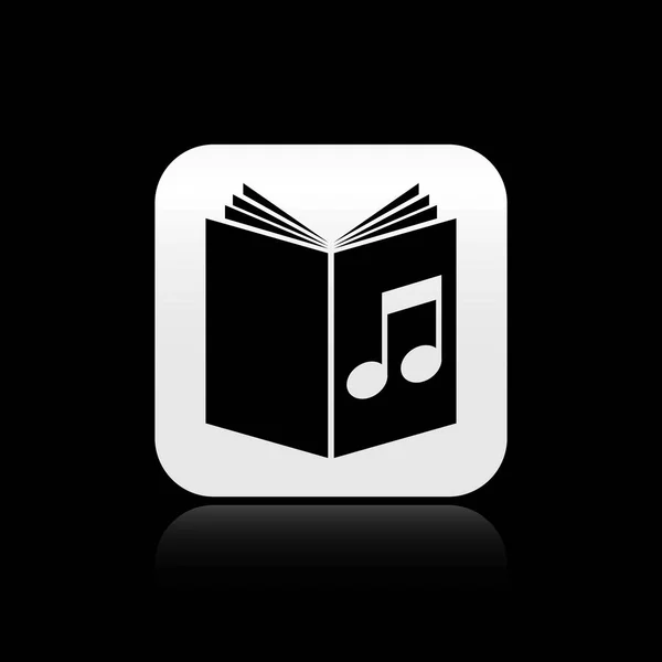Μαύρο εικονίδιο βιβλίο ήχου απομονώνεται σε μαύρο φόντο. Μουσικό σημείωμα με βιβλίο. Ηχητικό σήμα οδηγού. Έννοια της διαδικτυακής μάθησης. Ασημί τετράγωνο κουμπί. Απεικόνιση διανυσματικών φορέων — Διανυσματικό Αρχείο