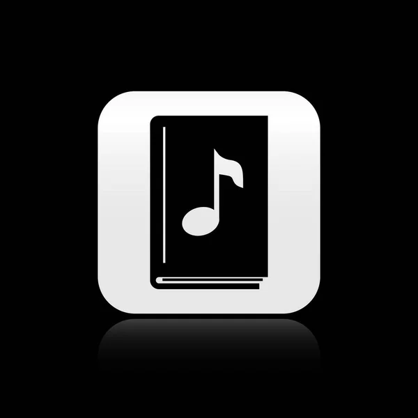 Black Audio book icon isolated on black background. Musical note with book. Audio guide sign. Online learning concept. Silver square button. Vector Illustration — Stock Vector