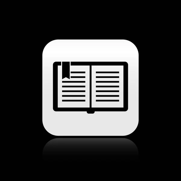 Black Open icône du livre isolé sur fond noir. Bouton carré argenté. Illustration vectorielle — Image vectorielle