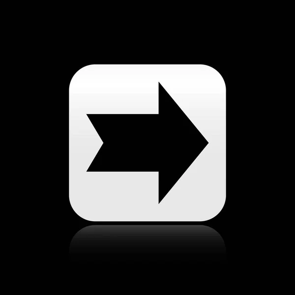 Icono de flecha negra aislado sobre fondo negro. Dirección Símbolo de flecha. Señal de navegación. Botón cuadrado plateado. Ilustración vectorial — Vector de stock