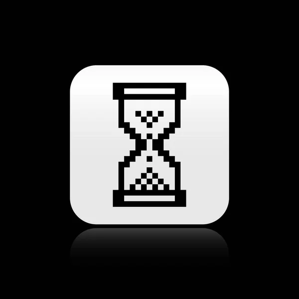 Black Hourglass pixel with flowing sand icon isolated on black background. Sand clock sign. Business and time management concept. Silver square button. Vector Illustration — Stock Vector