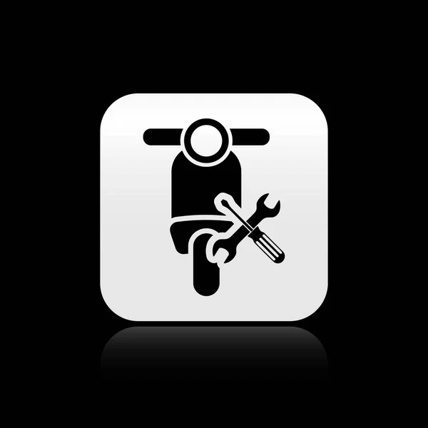 Black Scooter with screwdriver and wrench icon isolated on black background. Adjusting, service, setting, maintenance, repair, fixing. Silver square button. Vector Illustration — Stock Vector