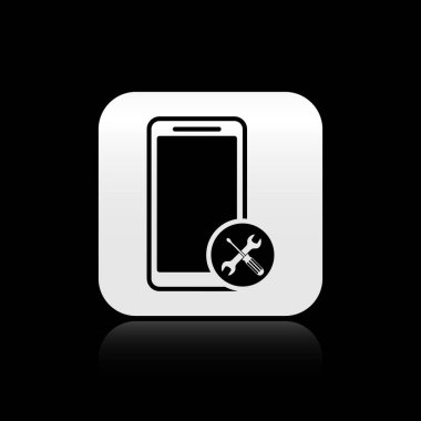 Siyah arka planda izole tornavida ve anahtar simgesi ile Siyah Smartphone. Ayarlama, servis, ayar, bakım, onarım, sabitleme. Gümüş kare düğme. Vektör İllüstrasyonu
