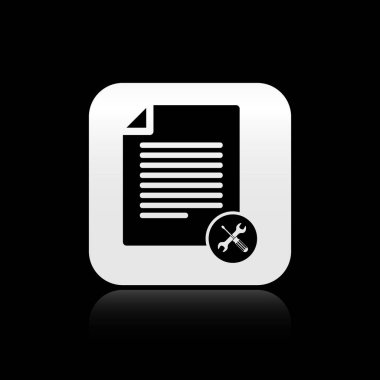 Siyah arka planda yalıtılmış tornavida ve anahtar simgesine sahip Siyah Dosya belgesi. Ayarlama, servis, ayar, bakım, onarım, sabitleme. Gümüş kare düğme. Vektör İllüstrasyonu