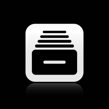 Siyah arka planda yalıtılmış belge simgesi ne yle siyah çekmece. Arşiv kağıtları çekmecesi. Dosya dolabı çekmecesi. Ofis mobilyaları. Gümüş kare düğme. Vektör İllüstrasyonu