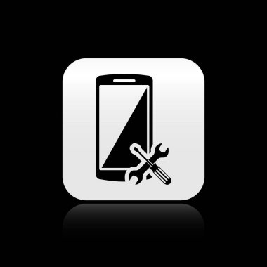 Siyah arka planda izole tornavida ve anahtar simgesi ile Siyah Smartphone. Ayarlama, servis, ayar, bakım, onarım, sabitleme. Gümüş kare düğme. Vektör İllüstrasyonu