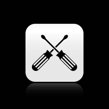 Siyah Çapraz tornavida simgesi siyah arka plan üzerinde izole. Servis aracı simgesi. Gümüş kare düğme. Vektör İllüstrasyonu
