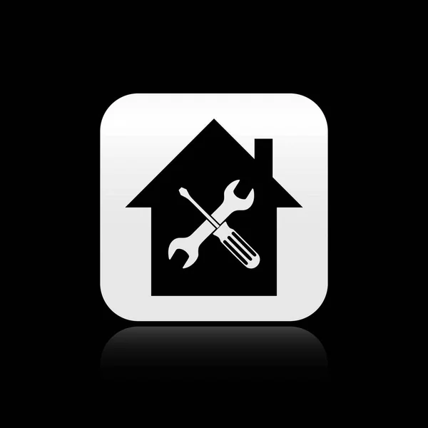 Black House or home with screwdriver and wrench icon isolated on black background. Adjusting, service, setting, maintenance, repair, fixing. Silver square button. Vector Illustration — Stock Vector