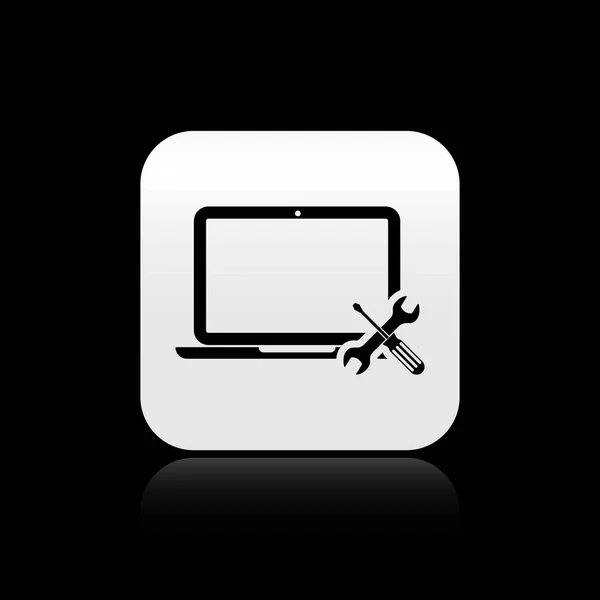 Black Laptop with screwdriver and wrench icon isolated on black background. Adjusting, service, setting, maintenance, repair, fixing. Silver square button. Vector Illustration — Stock Vector