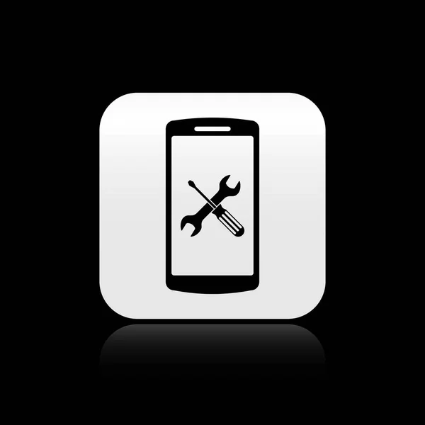 Черный смартфон с отвёрткой и значком гаечного ключа изолирован на черном фоне. Регулировка, обслуживание, настройка, обслуживание, ремонт, фиксация. Серебряная кнопка. Векторная миграция — стоковый вектор