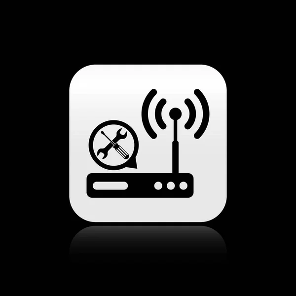 Router negro wi-fi con destornillador e icono de llave inglesa aislado sobre fondo negro. Ajuste, servicio, ajuste, mantenimiento, reparación, fijación. Botón cuadrado plateado. Ilustración vectorial — Vector de stock