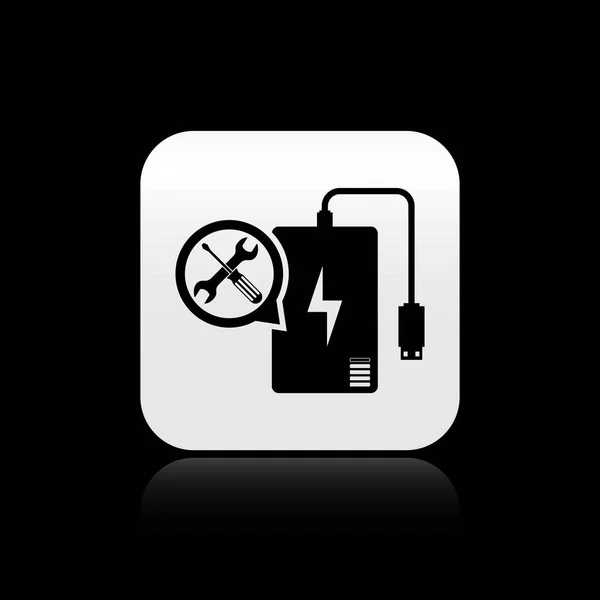 Black Power bank with screwdriver and wrench icon isolated on black background. Adjusting, service, setting, maintenance, repair, fixing. Silver square button. Vector Illustration — Stock Vector