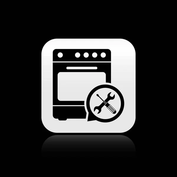 Horno negro con destornillador e icono de la llave inglesa aislado sobre fondo negro. Ajuste, servicio, ajuste, mantenimiento, reparación, fijación. Botón cuadrado plateado. Ilustración vectorial — Vector de stock