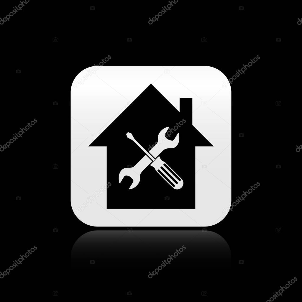 Black House or home with screwdriver and wrench icon isolated on black background. Adjusting, service, setting, maintenance, repair, fixing. Silver square button. Vector Illustration