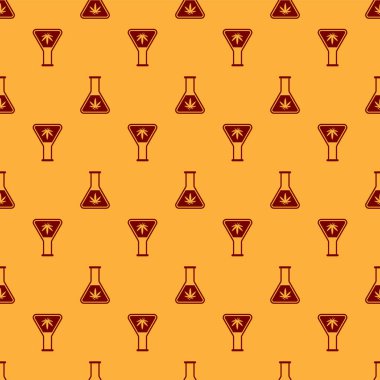 Esrar veya esrar yaprağı simgesi ile Kırmızı Kimyasal test tüpü kahverengi arka plan üzerinde izole dikişsiz desen. Araştırma konsepti. Laboratuvar Cbd yağ konsepti. Vektör İllüstrasyonu