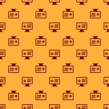 Kırmızı Bilgisayar monitör ve tıbbi esrar veya esrar yaprağı simgesi kahverengi arka plan üzerinde izole dikişsiz desen. Online satın alma sembolü. Süpermarket sepeti. Vektör İllüstrasyonu