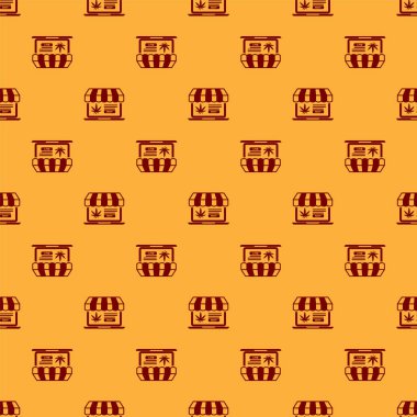 Kırmızı Laptop ve tıbbi esrar veya esrar yaprağı simgesi kahverengi arka plan üzerinde izole dikişsiz desen. Online satın alma sembolü. Süpermarket sepeti. Vektör İllüstrasyonu