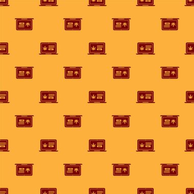 Kırmızı Laptop ve tıbbi esrar veya esrar yaprağı simgesi kahverengi arka plan üzerinde izole dikişsiz desen. Online satın alma sembolü. Süpermarket sepeti. Vektör İllüstrasyonu