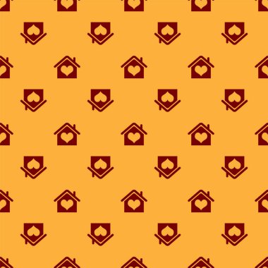 Kırmızı Ev kalp şekli simgesi ile kahverengi arka plan üzerinde izole dikişsiz desen. Aşk ev sembolü. Aile, emlak ve emlak. Vektör İllüstrasyonu