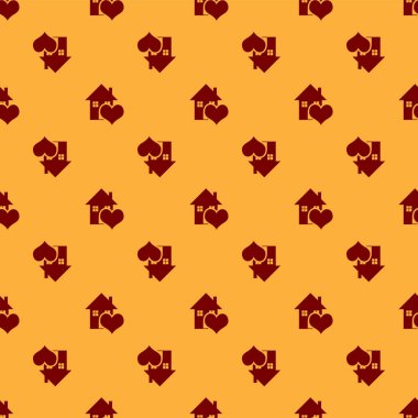 Kırmızı Ev kalp şekli simgesi ile kahverengi arka plan üzerinde izole dikişsiz desen. Aşk ev sembolü. Aile, emlak ve emlak. Vektör İllüstrasyonu